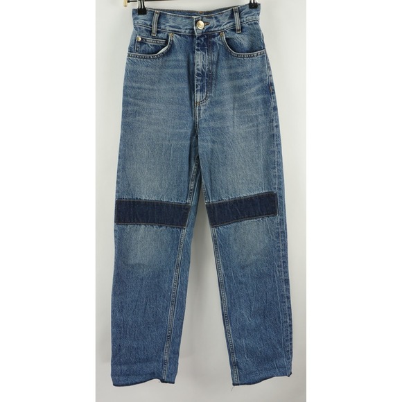 Sandro Denim - Sandro Paris Women's‎ US 24 x 29 Medium Blue High Rise Knee Patch Straight Jeans